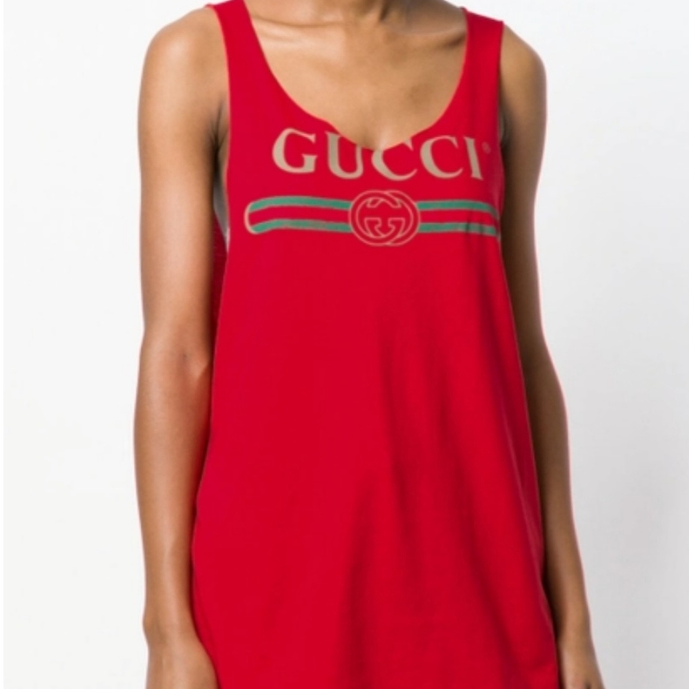 Gucci Red Tank with Green Stripes and Gold Logo Print